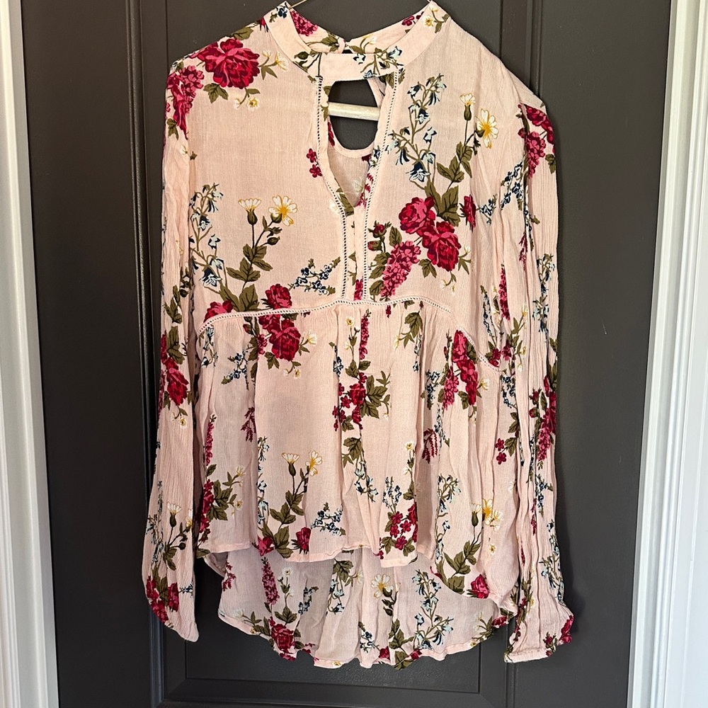 BONGO Pink Floral Blouse with Red‎ Accents